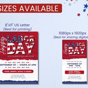 May include: A digital printable Labor Day invitation with a red, white, and blue American flag design. The text reads "Happy Labor Day" and "Let's Celebrate Our Hard Work". The invitation includes the date and time of the event, as well as the location. The invitation is available in two sizes: 8" x 11" and 1080px x 1920px.