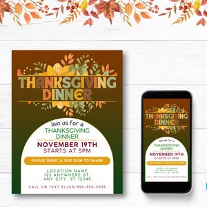 Modelo de folheto para jantar de Ação de Graças – Convite Canva editável para festa de Ação de Graças ou Friendsgiving | 8,5x11 e Mobile