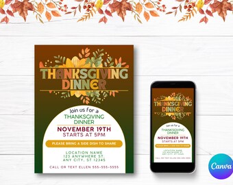 Thanksgiving Dinner Flyer Template – Editable Canva Invitation for Thanksgiving Party or Friendsgiving | 8.5x11 & Mobile