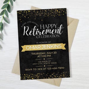 Ruhestand Party Einladung Vorlage Schwarz Gold | Bearbeitbare Canva Invite 5x7 | Büro Abschied druckbare Sofortdownload | Digitaler Download