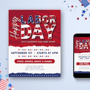 May include: A red, white, and blue Labor Day party invitation with a torn paper design. The invitation includes the text "Happy Labor Day", "Let's Celebrate Our Hard Work", "September 1st", "Starts at 6pm", "Food, Drinks, Music & Games", "Location Name", "123 Anywhere St.", "Any City, ST 12345".