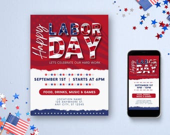 Labor Day Invitation | Red, White, & Blue | BBQ Picnic Invite | Patriotic Party Flyer | Canva Editable Template