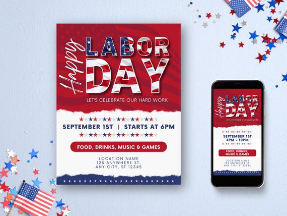 Labor Day Invitation | Red, White, & Blue | BBQ Picnic Invite | Patriotic Party Flyer | Canva Editable Template