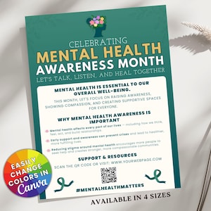 Plantilla de Canva para póster de concientización sobre la salud mental / Editable e imprimible / Volante del Mes de la Salud Mental / A4 (Carta EE. UU., 11 x 17 x 18 x 24) / Descarga digital