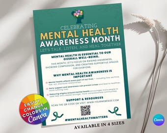 Mental Health Awareness Poster Canva Template | Editable Printable | Mental Health Month Flyer | A4 US Letter 11x17 18x24 | Digital Download