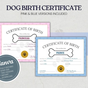 Plantilla imprimible de certificado de nacimiento de perro (versiones rosa y azul incluidas) / Editable en Canva y PDF rellenable / Certificado de mascota para cachorros
