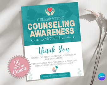Counseling Awareness Month | Printable Counselor Awareness Flyer | Mental Health Awareness Event| Customizable Thank You School Counselors
