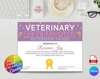 Certificato di apprezzamento per la receptionist veterinaria / Modello Canva modificabile per clinica veterinaria / Premio per il personale della reception veterinaria / Regalo per veterinario