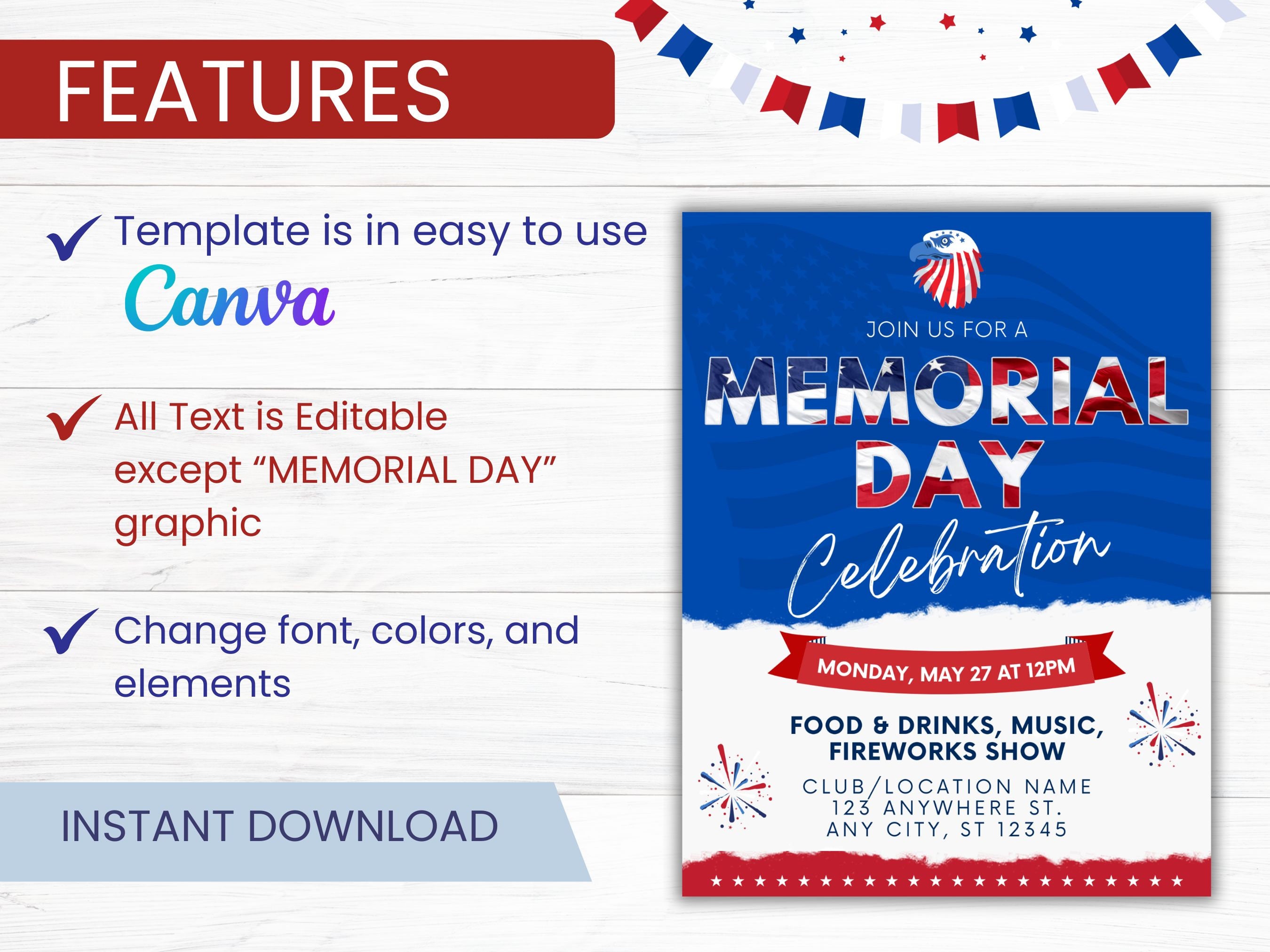 Memorial Day Flyer Template | Red, White, and Blue | Memorial Day Party ...