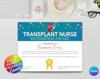 Transplant Nurse Recognition Award | Printable Certificate Template | Nurse Appreciation Award | Nurse Week Award | Editable Canva Design