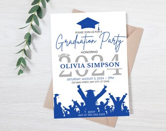 May include: A white graduation party invitation with blue and gray text. The invitation says "Please join us for a Graduation Party honoring Olivia Simpson Class of 2024". The invitation also includes the date, time, and location of the party.