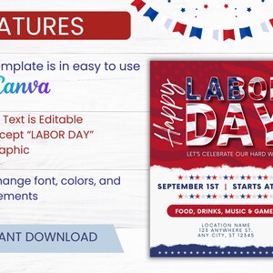 May include: Editable Labor Day party invitation template with a red, white, and blue American flag design. The text says "Happy Labor Day" and "Let's Celebrate Our Hard Work". The invitation includes the date, time, and location for the party.