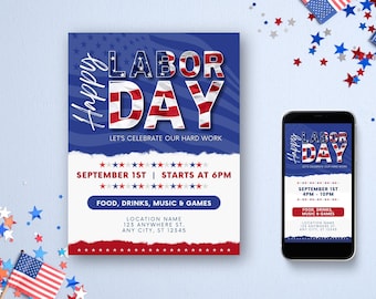 Labor Day Invitation | Red, White, & Blue | BBQ Picnic Invite | Patriotic Party Flyer | Canva Editable Template