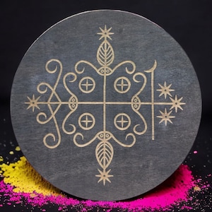 Papa Legba Veve 6.5 Inch Engraved Circular Wood Altar Decoration  : Voodoo Mystique, Spiritual Symbol, Handcrafted and Made To Order!