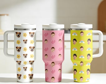 Gobelet de voyage 40 oz portrait de visage personnalisé avec paille, tasse thermos personnalisée photo bébé/animal de compagnie, cadeau fête des mères