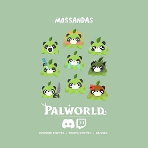 May include: A selection of Mossandas emotes from Palworld, displaying diverse expressions. Each emote presents a green, panda-like creature with varied emotions, such as joy, sadness, and anger. The Palworld logo and Discord/Twitch details are at the bottom.