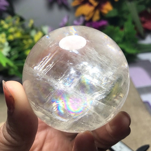 Beautiful 58mm Optical Calcite Sphere, Polished Crystal Ball, Clear Calcite Sphere, Rainbow Calcite Sphere, Rainbow Inclusions Orb