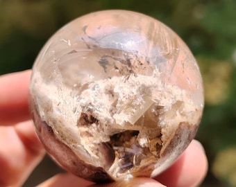Beautiful 44.7mm White Garden Sphere with Calcite, Lodolite Crystal Sphere, Phantom Quartz Crystal, Crystal Sphere Collection, 110g