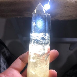 Beautiful Clear Quartz Tower with Blue Rutiles, Blue Needle Light Yellow Clear Crystal Wand, Blue Angel&#39;s Feathers Quartz