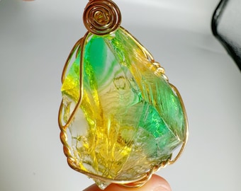 Beautilful Green Yellow Andara Oracle Pendant for Spiritual Guidance, 18k Wire Wrapped Andara Shaman Pendant, Metaphysical Jewelry, 39.6g