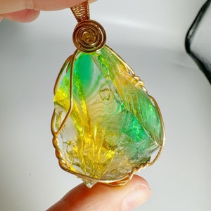 Beautilful Green Yellow Andara Oracle Pendant for Spiritual Guidance, 18k Wire Wrapped Andara Shaman Pendant, Metaphysical Jewelry, 39.6g