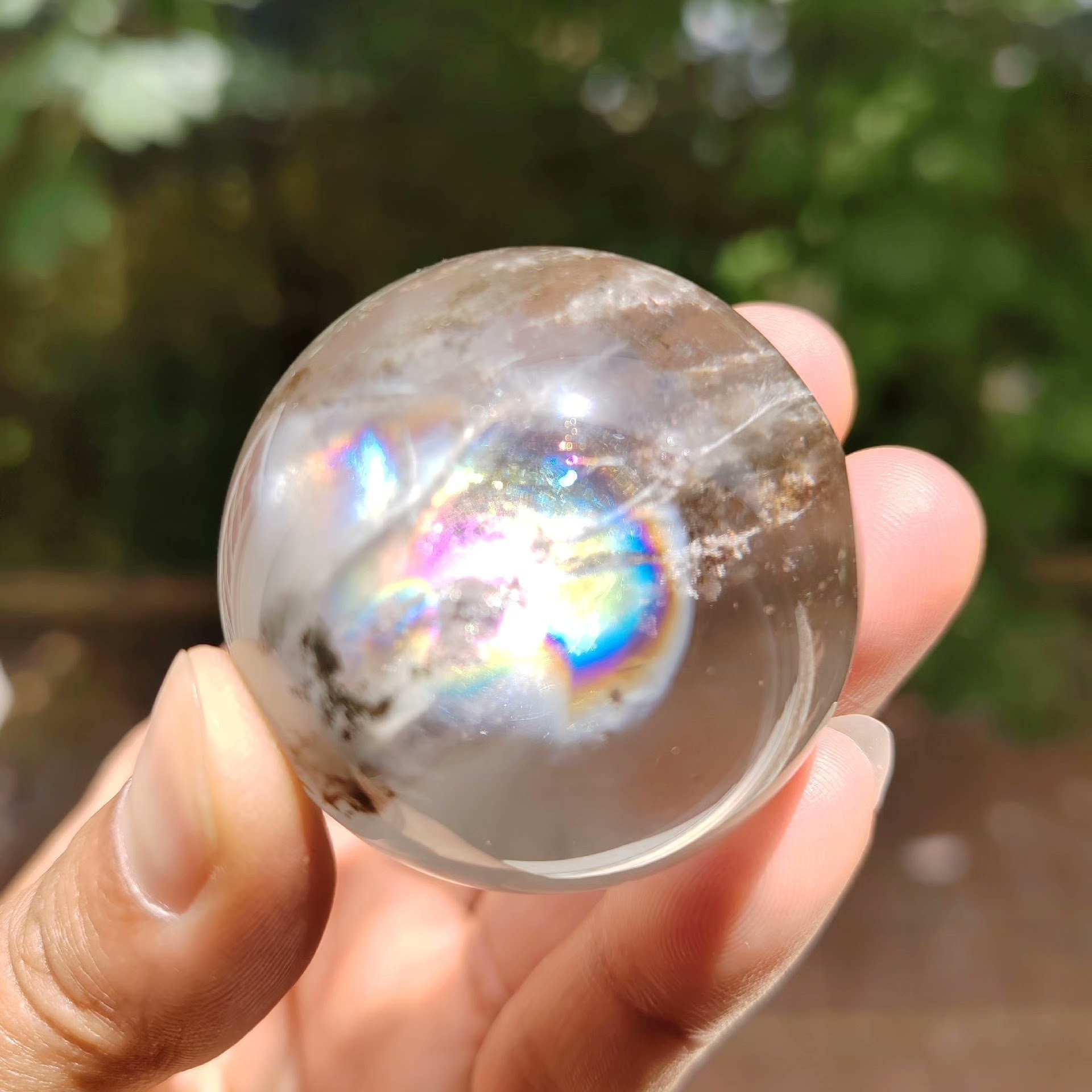 Beautiful 44mm Garden Sphere With Rainbow, Scenic Quartz Ball