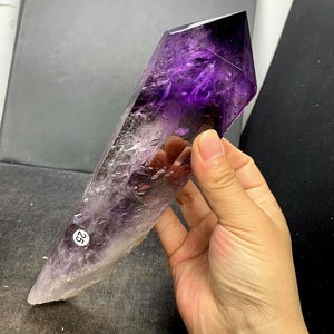 Beautiful Amethyst Point Tower Crystal Point, Purple Amethyst Wand with Wood Stand, Purple Crystal Grids Wand, 620g
