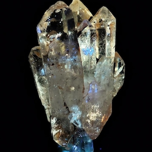 Puede incluir: Un grupo de cristales de cuarzo transparente con una base azulada sobre un fondo negro. Los cristales tienen un aspecto translúcido, con estructuras internas visibles y sutiles variaciones de color. La composición general es un espécimen mineral natural.