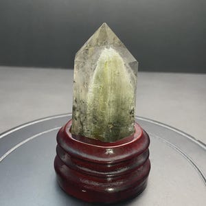 Green Phantom Tower, Ghost Quartz Tower, Crystal Point Wand with Wood Stand, 173g