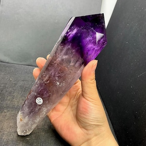 Beautiful Amethyst Point Tower Crystal Point, Purple Amethyst Wand with Wood Stand, Purple Crystal Grids Wand, 590g