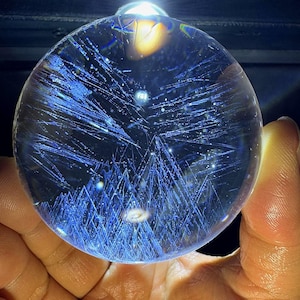 Premium 65mm Natural Blue Rutiles Crystal Shpere Ball, Clear Quartz Sphere from Brazil, Crystal Sphere, Blue Angel&#39;s Feathers, 380g