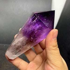 Beautiful Amethyst Point Tower Crystal Point, Purple Amethyst Wand with Wood Stand, Purple Crystal Grids Wand, 228g