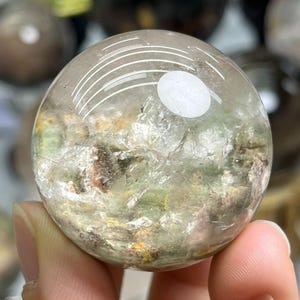 Beautilful 41.9mm Green Garden Quartz Sphere, Phantom Quartz Ball, Lodolite Crystal Sphere, Black Rutilated Quartz Inclusion