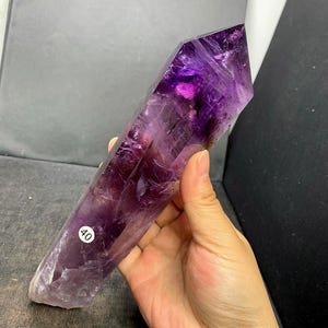 Beautiful Amethyst Point Tower Crystal Point, Purple Amethyst Wand with Wood Stand, Purple Crystal Grids Wand, 630g