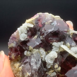 May include: A cluster of purple fluorite crystals with a glassy sheen. The crystals are intergrown with smaller, white calcite crystals.