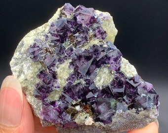 Cristal de fluorita roxa profunda da Mongólia Interior, combinação de fluorita e pirita, espécime de fluorita em forma de cubo grande para colecionadores.