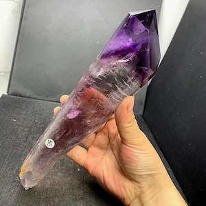 Beautiful Amethyst Point Tower Crystal Point, Purple Amethyst Wand with Wood Stand, Purple Crystal Grids Wand, 500g
