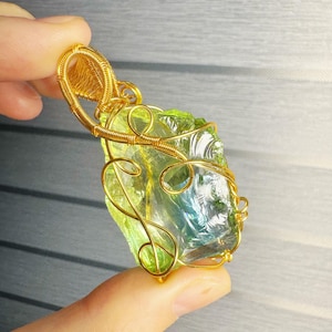 Beautilful Green Yellow Andara Oracle Pendant for Spiritual Guidance, 18k Wire Wrapped Andara Shaman Pendant, Metaphysical Jewelry, 24.2g
