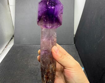 Amethyst Point Tower Crystal Point, Purple Amethyst Wand with Wood Stand, Purple Crystal Grids Wand, 550g