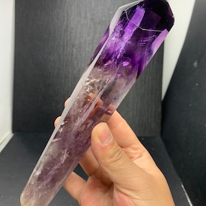 Beautiful Amethyst Point Tower Crystal Point, Purple Amethyst Wand with Wood Stand, Purple Crystal Grids Wand, 410g
