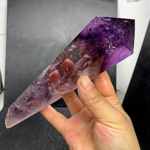 Beautiful Amethyst Point Tower Crystal Point, Purple Amethyst Wand with Wood Stand, Purple Crystal Grids Wand, 510g