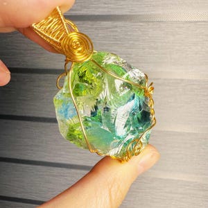 Beautilful Green Yellow Andara Oracle Pendant for Spiritual Guidance, 18k Wire Wrapped Andara Shaman Pendant, Metaphysical Jewelry, 51.7g