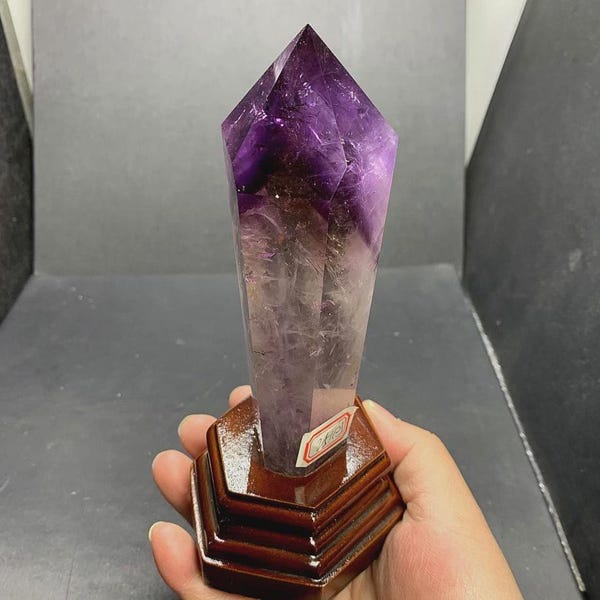 Amethyst Tower Crystal Point, Purple Amethyst Wand with Wood Stand, 343g