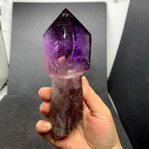 Beautiful Amethyst Point Tower Crystal Point, Purple Amethyst Wand with Wood Stand, Purple Crystal Grids Wand, 426g
