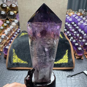 Beautiful Amethyst Point Tower Crystal Point, Purple Amethyst Wand with Wood Stand, Purple Crystal Grids Wand, 585g