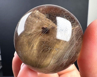 Esfera de cuarzo rutilado dorado de 41 mm, bola de cristal con forma de aguja dorada y inclusión fantasma, 94 g