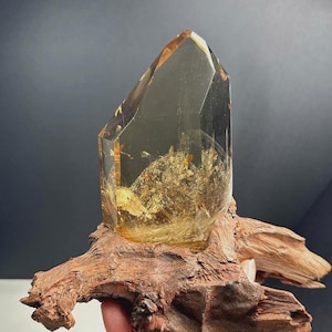 Può includere: Una grande punta di cristallo di quarzo traslucido dai toni fumé con inclusioni dorate e fratture interne visibili, montata saldamente su un pezzo di legno naturale, strutturato e marrone scuro che funge da solida base.