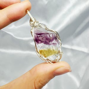 Beautilful  Purple Yellow Andara Pendant, Silver Wire Wrapped Andara Shaman Stone Pendant, Metaphysical Jewelry, 17.7g