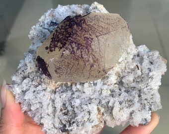 Fluorita roxa em aglomerado de calcita, espécime de cristal raro de Guizhou, China, Coleção de Espécimes de Cristal de Fluorita