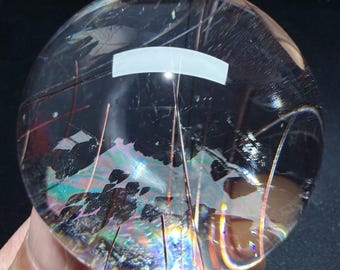 Esfera de cuarzo rutilado de cobre de 56 mm, bola de cristal de aguja de cobre arcoíris, orbe de cristal de aguja dorada, 246 g